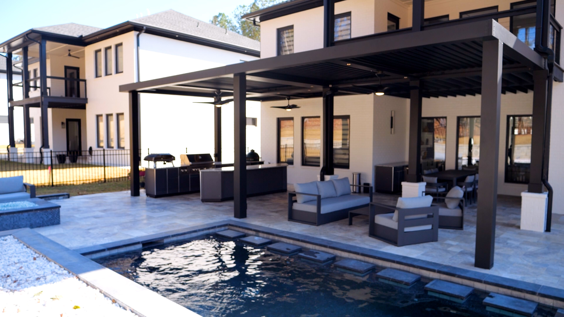 A louvered pergola installed by Brawner Renovations.