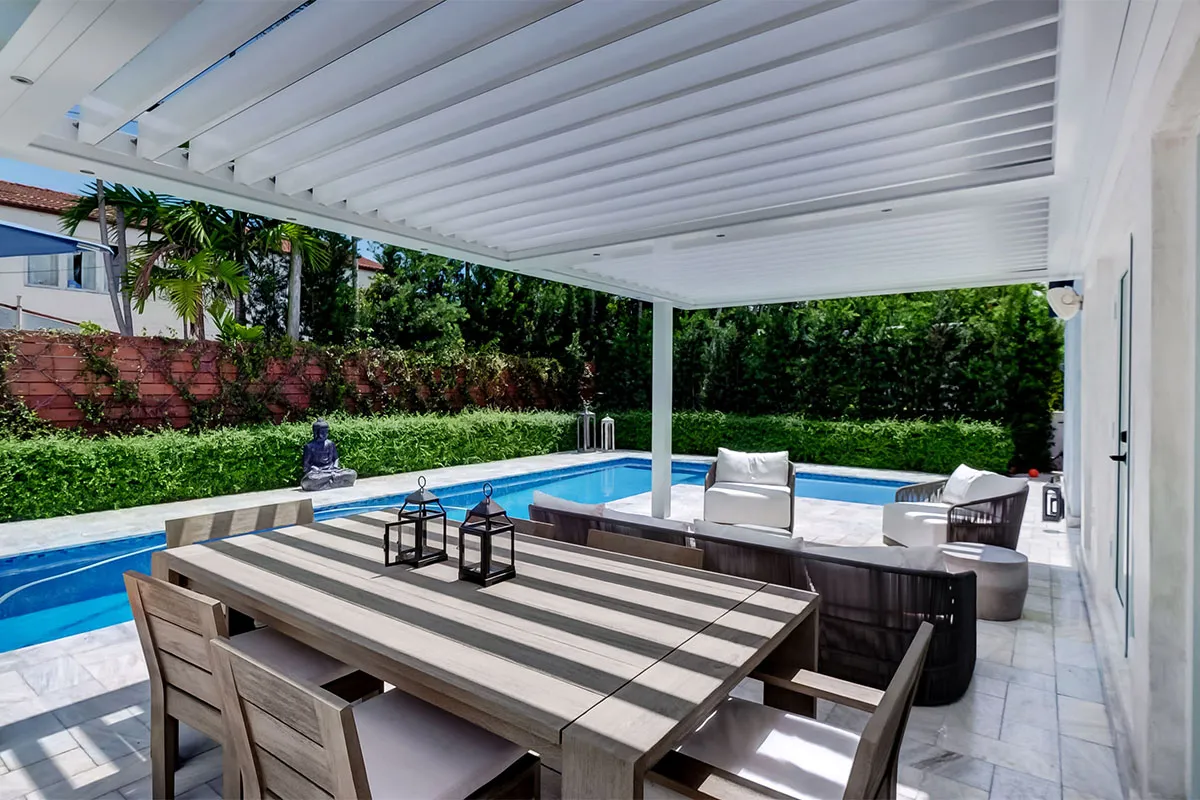 A louvered pergola installed by Brawner Renovations.